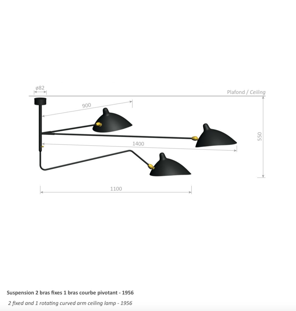 Serge Mouille lampe noire « Suspension » à deux bras incurvés rotatifs et un pivotant en vente 1