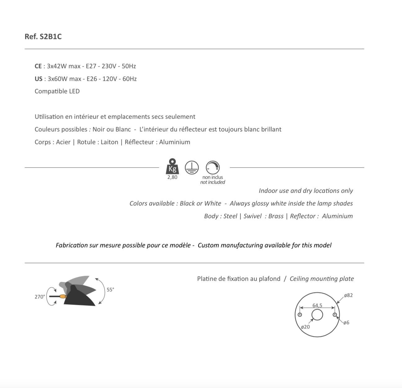 Serge Mouille Schwarze „Suspension“-Lampe mit zwei befestigten und drehbaren, geschwungenen Armlehnen im Angebot 1