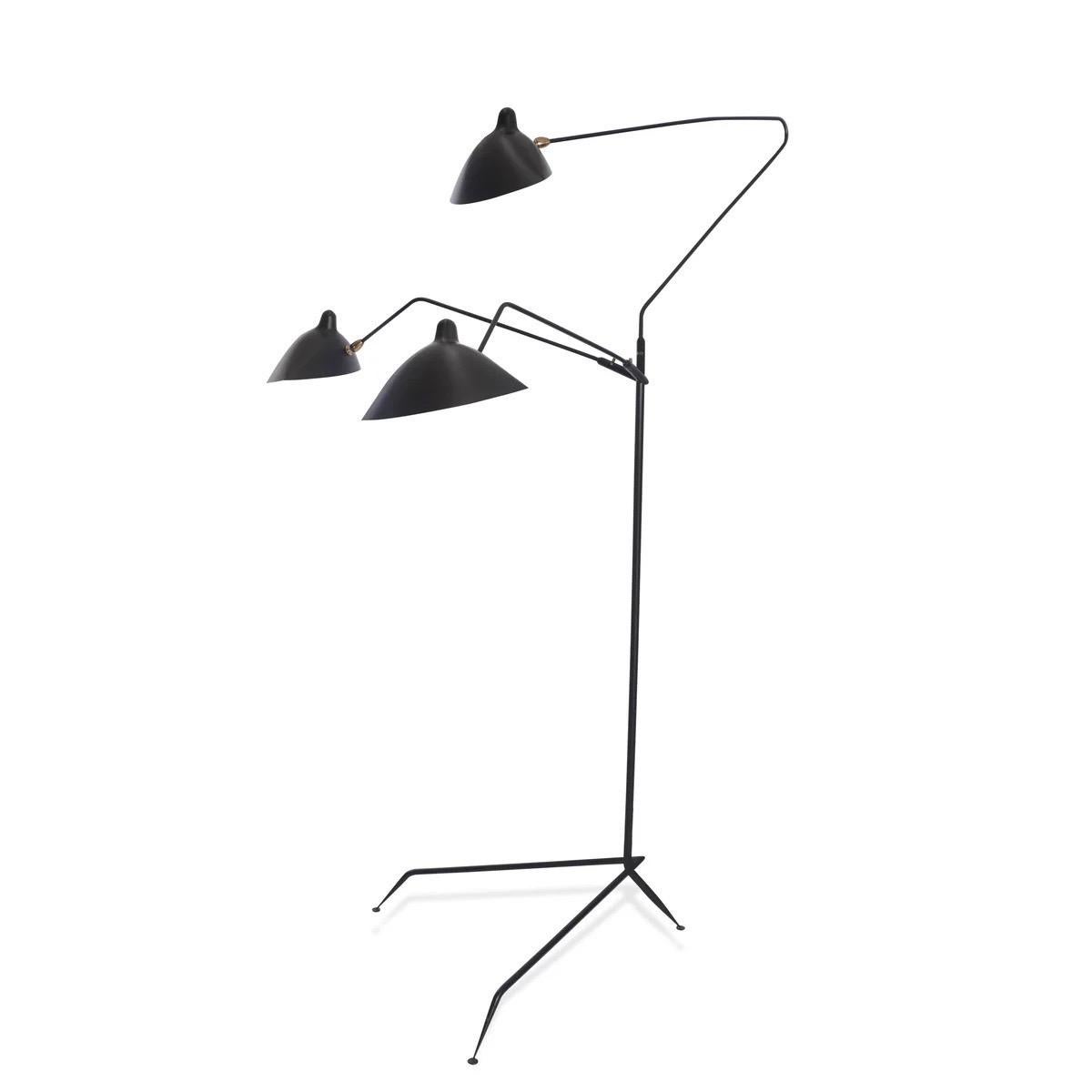 Mid-Century Modern Serge Mouille Black Three Arm Floor Lamp For Sale