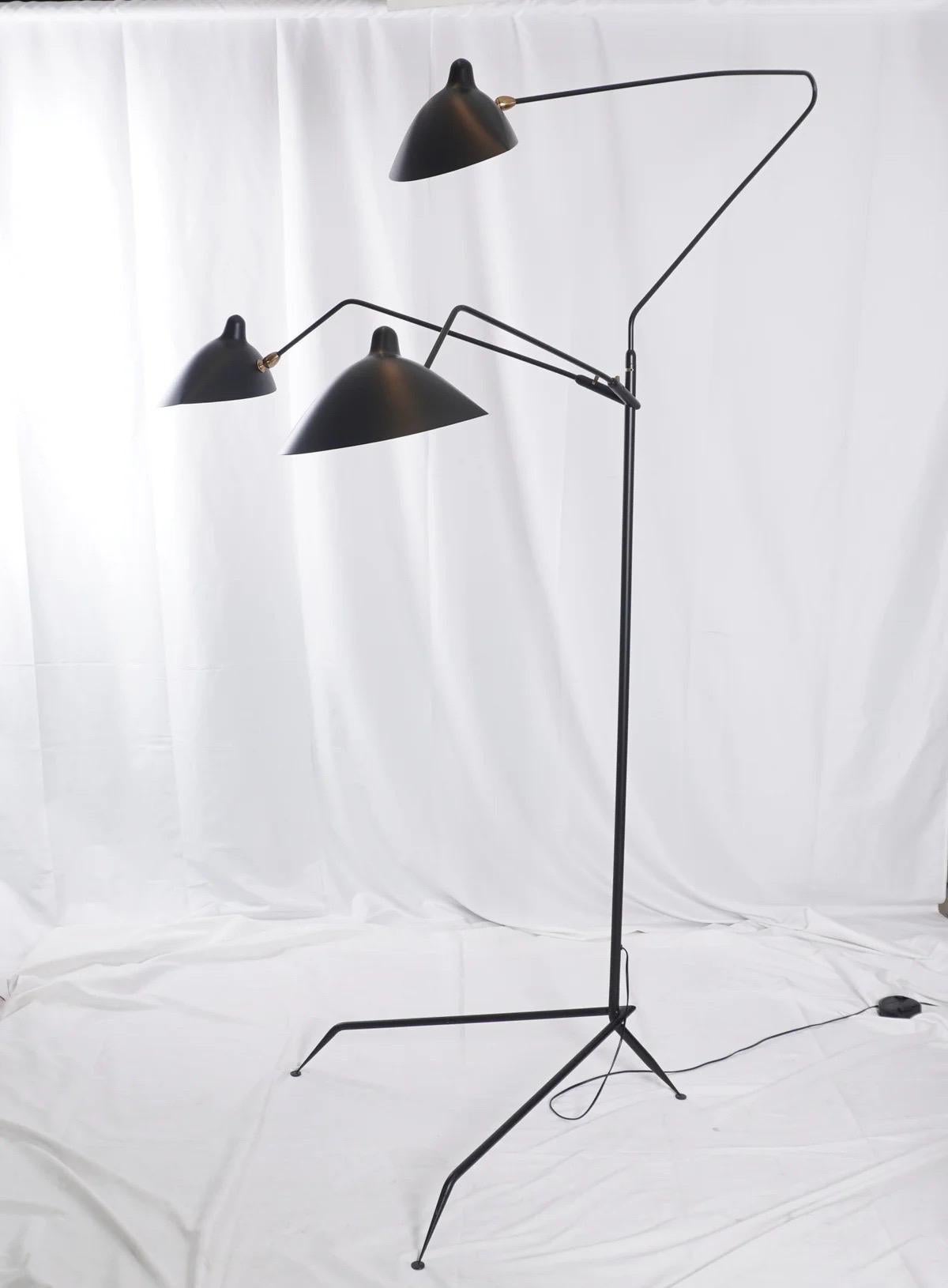French Serge Mouille Black Three Arm Floor Lamp For Sale