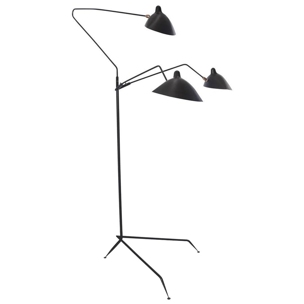 Serge Mouille Black Three Arm Floor Lamp For Sale