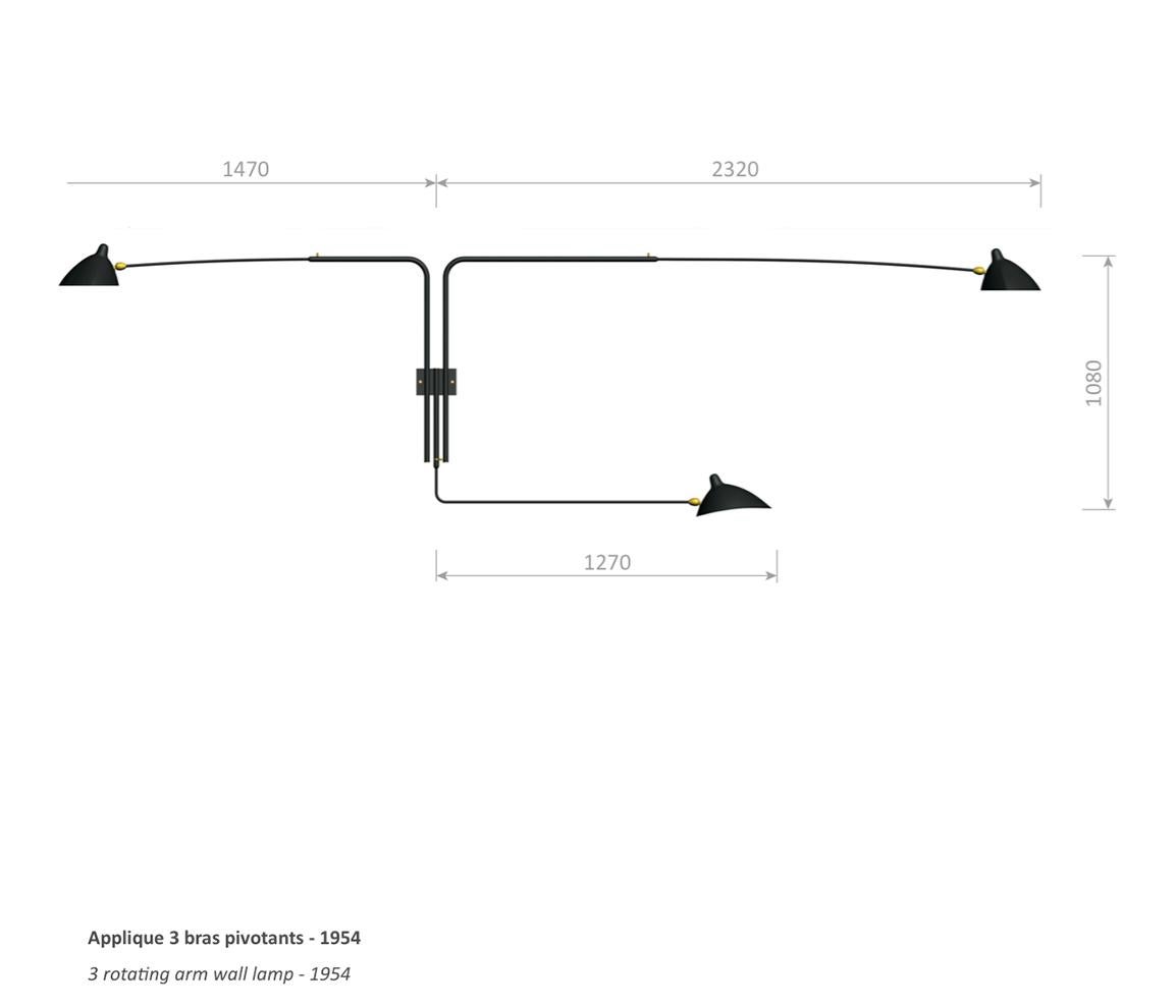 Serge Mouille Black Three Rotating Straight Arms Wall Lamp, Re-Edition For Sale 3