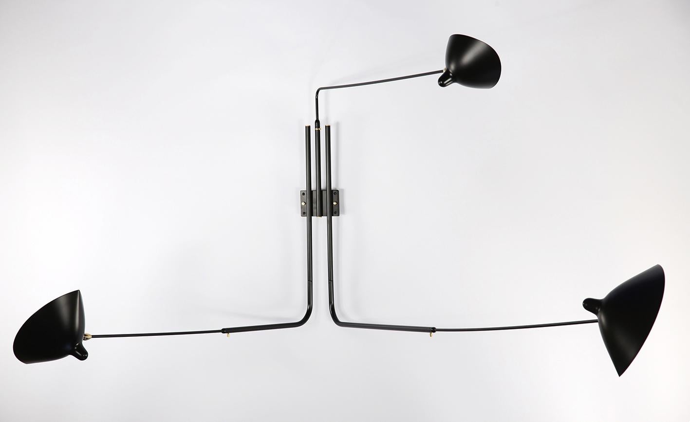 Mid-Century Modern Serge Mouille Black Three Rotating Straight Arms Wall Lamp, Re-Edition For Sale