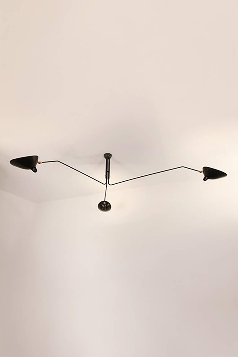 French Serge Mouille Brass and Aluminum Mid-Century Modern Three Arms Ceiling Lamp For Sale