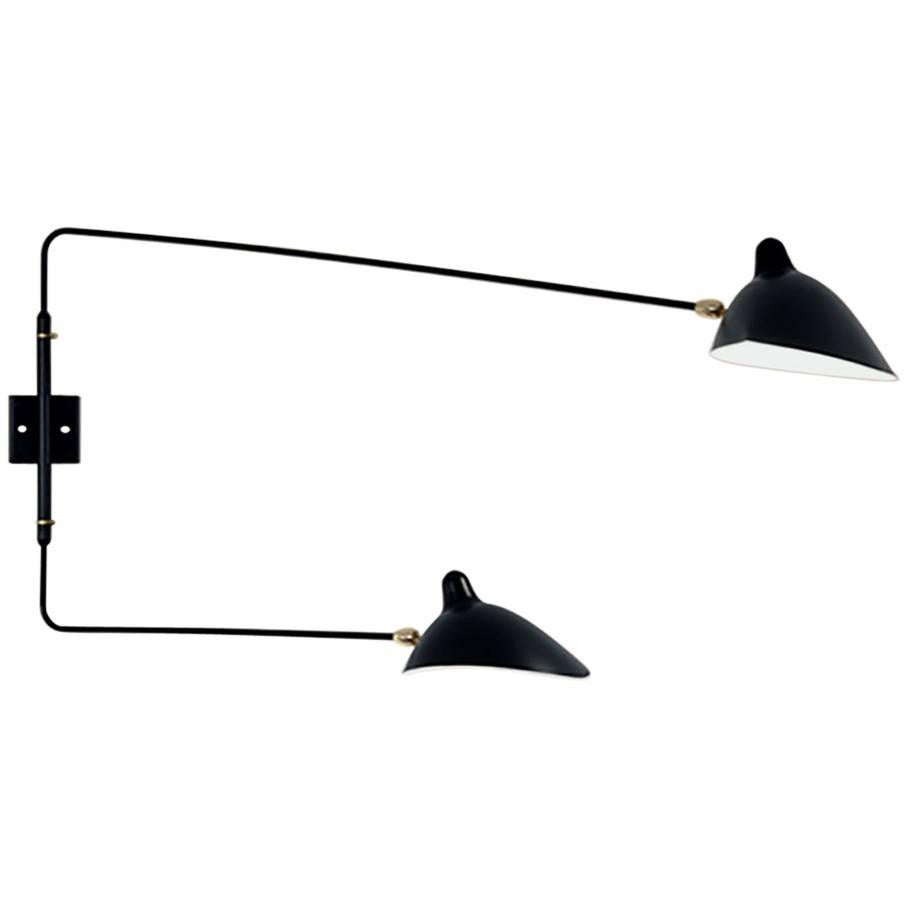 Serge Mouille Brass and Black Aluminium Mid-Century Modern Two Arms Wall Lamp For Sale