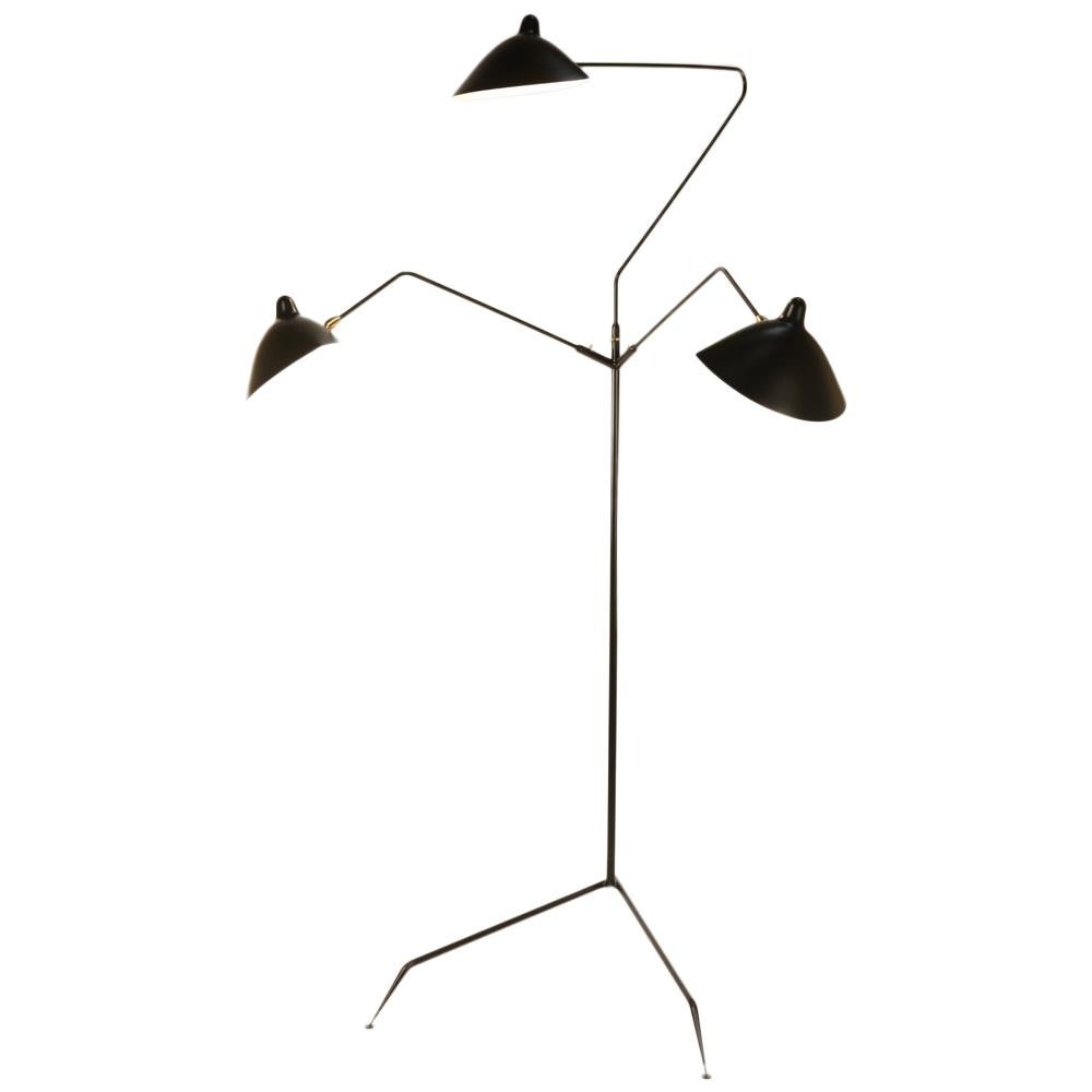 Serge Mouille Brass and Black Aluminum Mid-Century Modern Floor Lamp Three-Arms For Sale