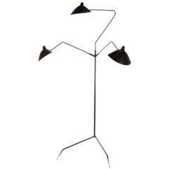 Serge Mouille Brass and Black Aluminum Mid-Century Modern Floor Lamp Three-Arms
