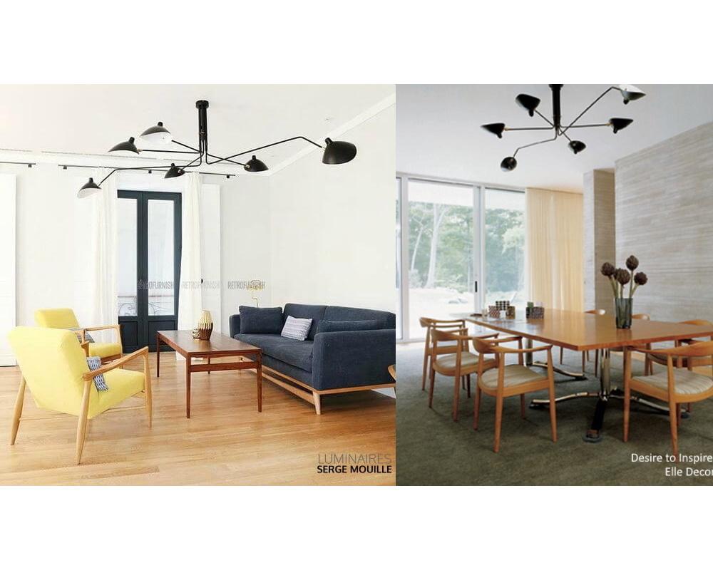 Francese Serge Mouille - Lampada da soffitto con 6 bracci rotanti in nero in vendita