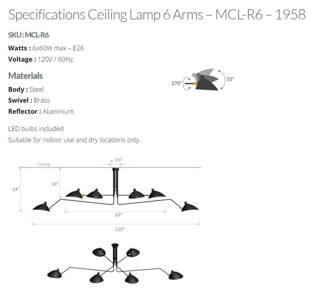 Painted Serge Mouille - Ceiling Lamp with 6 Rotating Arms in Black - IN STOCK! For Sale