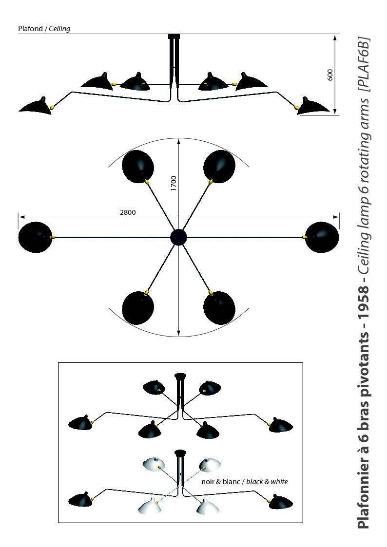 Francese Serge Mouille Ceiling Lamp 6 Rotating Arms in Black or White in vendita