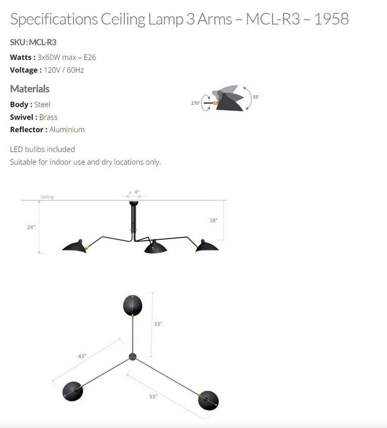 Alluminio Serge Mouille - Lampada da soffitto con 3 bracci rotanti in nero cablata per il mercato statunitense. in vendita