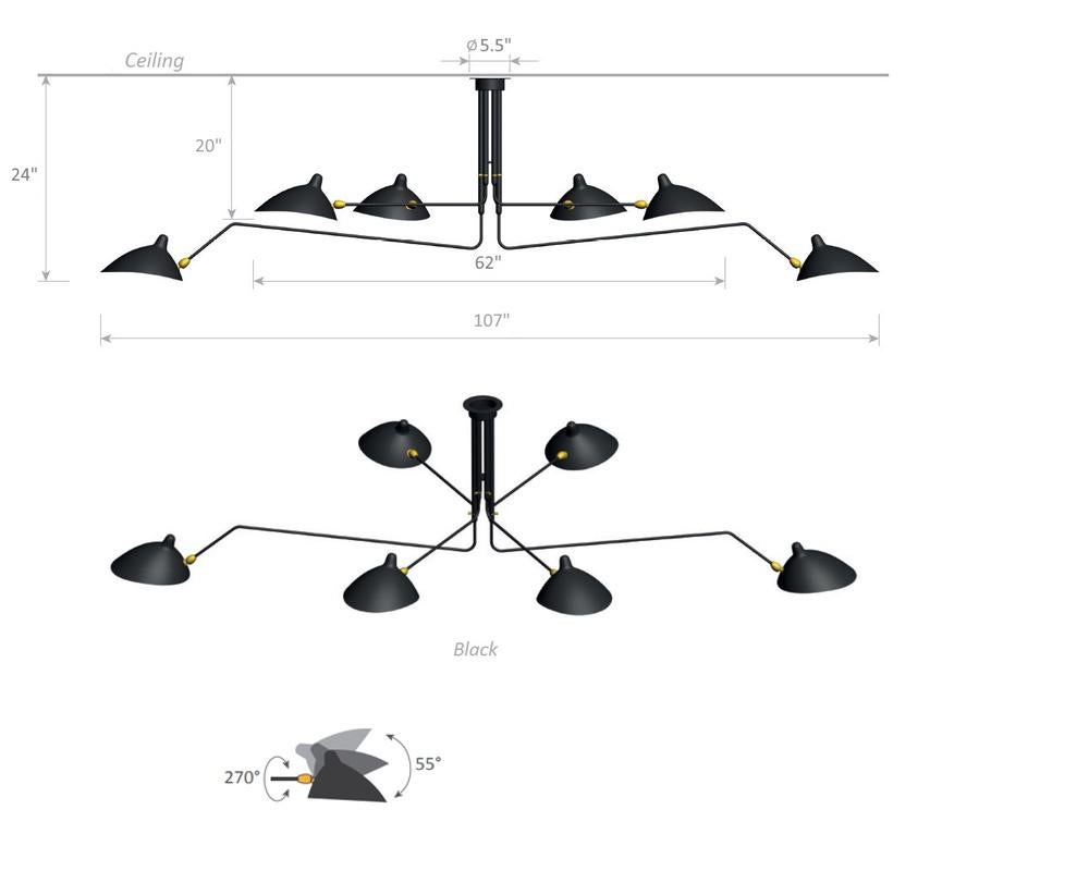 Contemporary Serge Mouille - Ceiling Lamp 6 Rotating Arms - DROP, ARM LENGTH CUSTOMIZABLE! For Sale