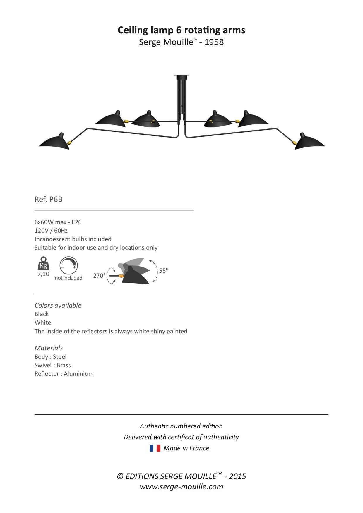 Lampada a sospensione da soffitto a 6 bracci rotanti in bianco e nero di Serge Mouille per Sognot In condizioni ottime in vendita a London, GB