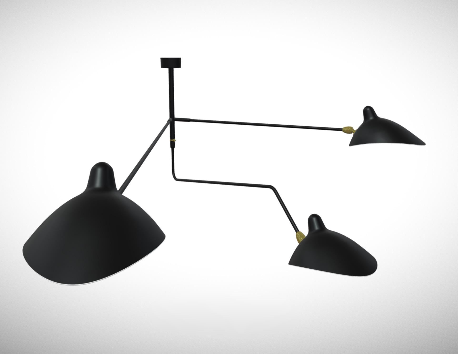 Mid-Century Modern Serge Mouille 'Deux Bras Fixes Un Courbe Pivotant' Ceiling Lamp in Black For Sale
