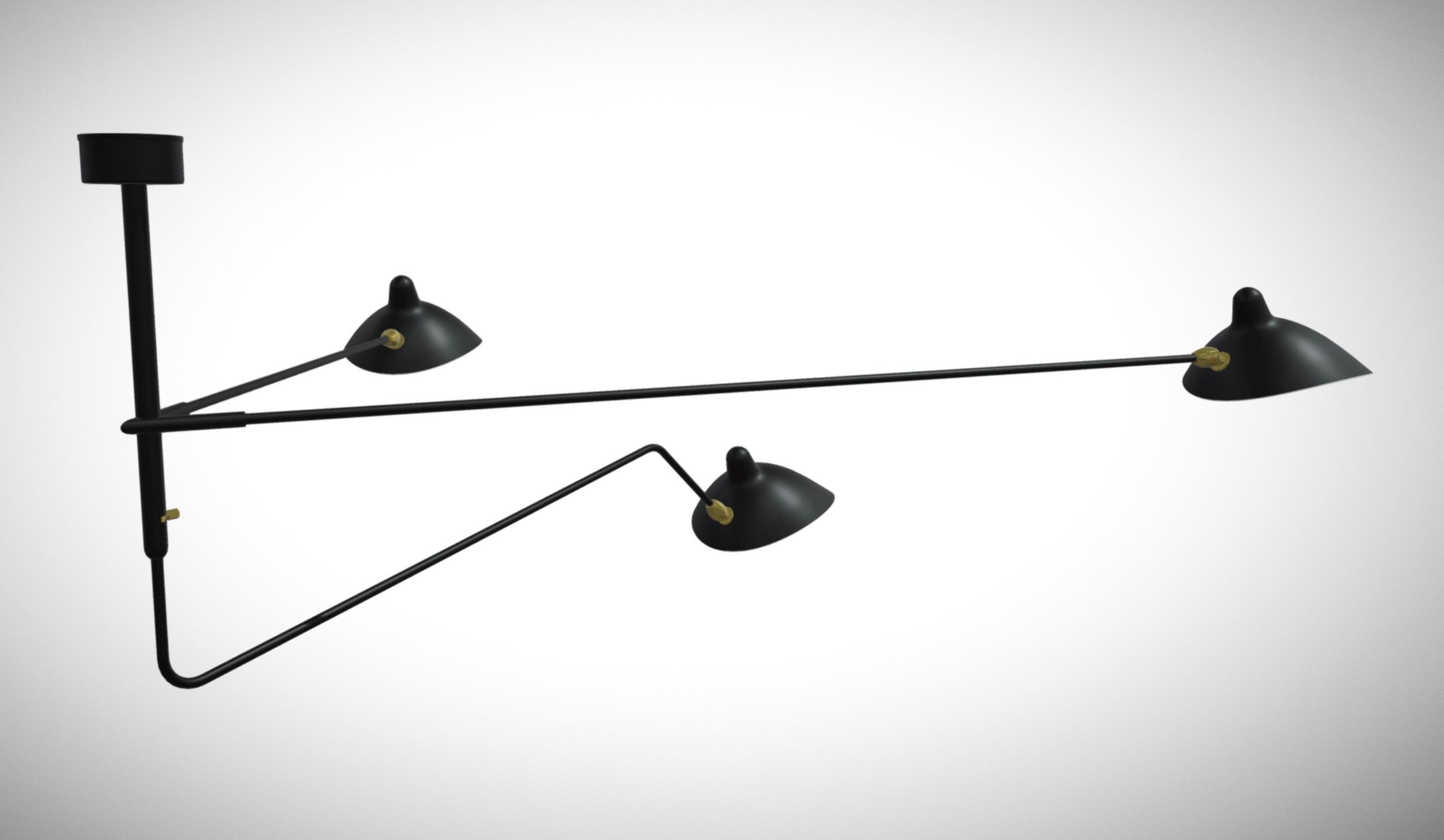 French Serge Mouille 'Deux Bras Fixes Un Courbe Pivotant' Ceiling Lamp in Black For Sale