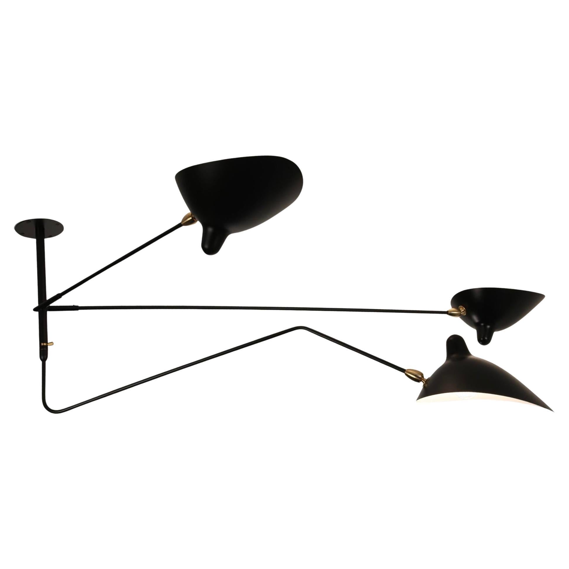 Serge Mouille 'Deux Bras Fixes Un Courbe Pivotant' Ceiling Lamp in Black For Sale