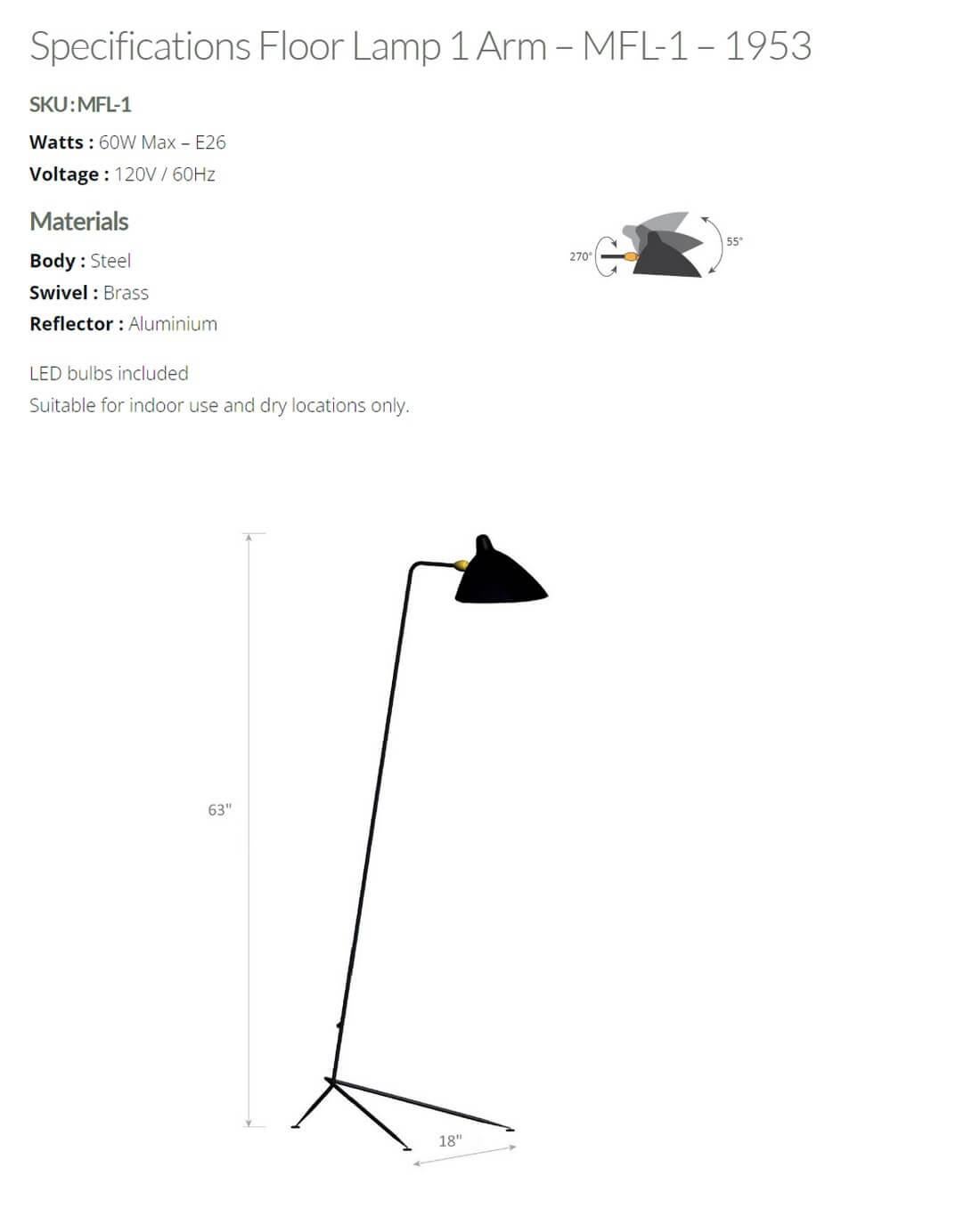 Serge Mouille - Floor Lamp with 1 Arm in Black For Sale 1