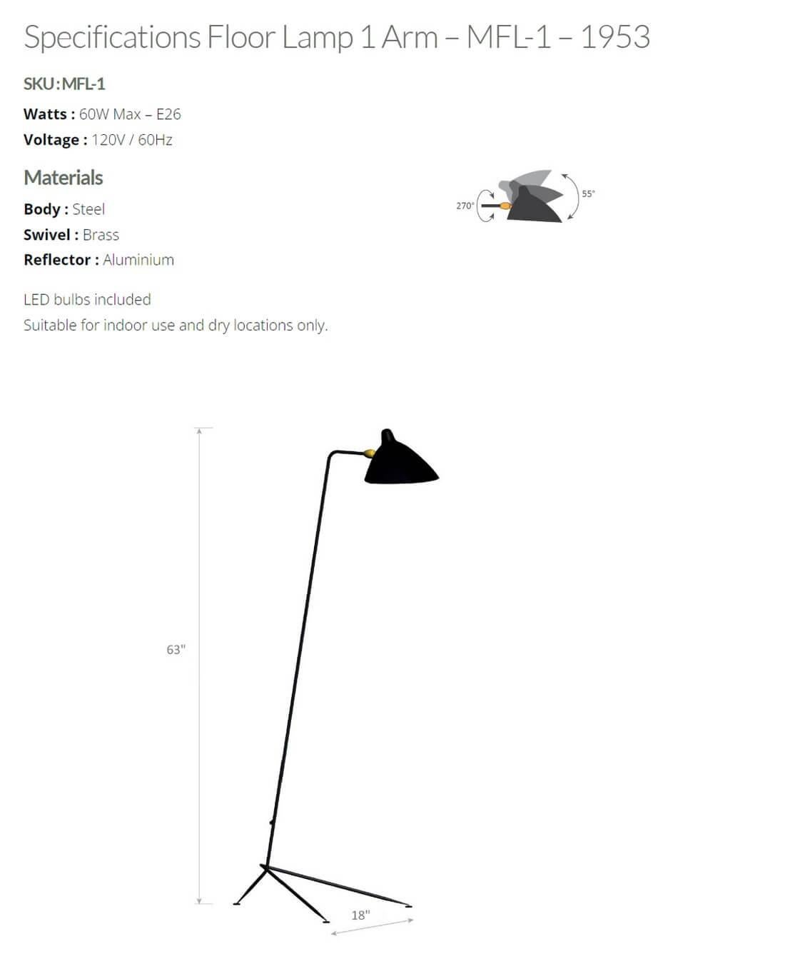 Serge Mouille - Lampadaire à 1 bras en noir - EN STOCK ! en vente 1