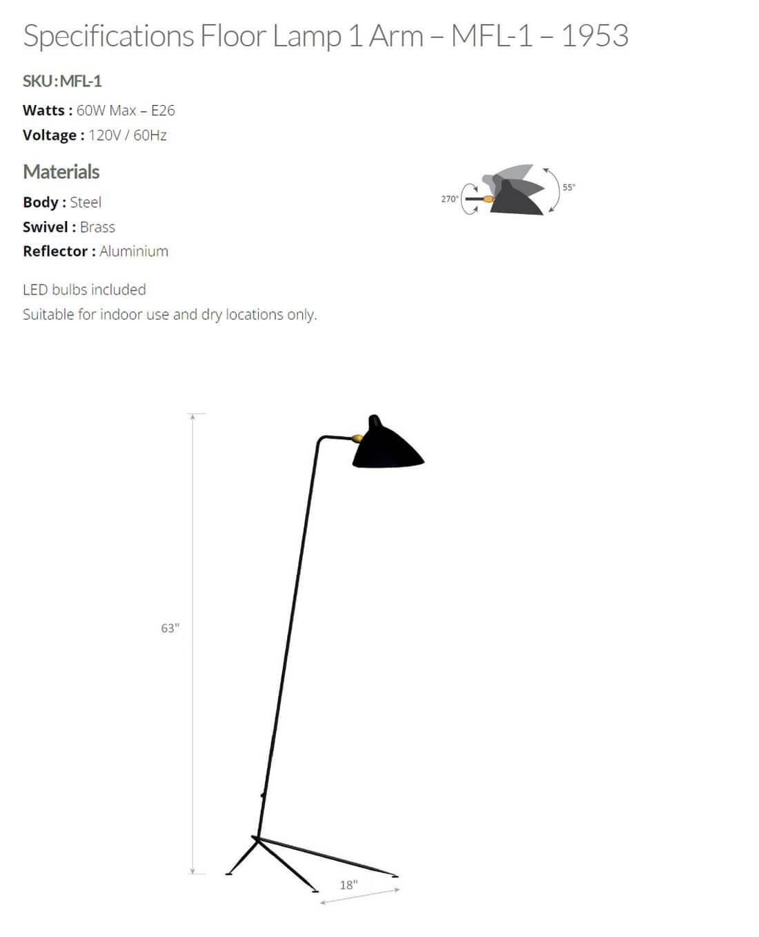 Serge Mouille - Floor Lamp with 1 Arm in Black Wired for US Market - IN STOCK! For Sale 1