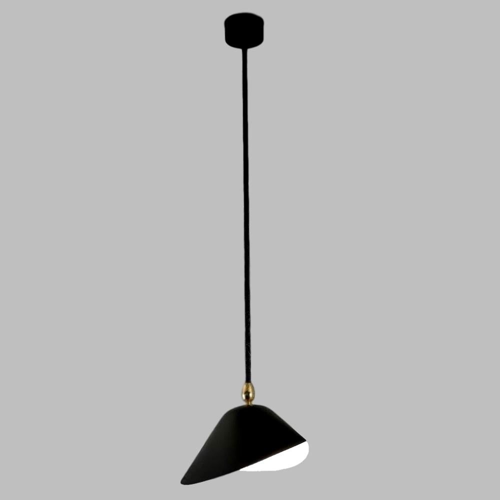 Originally designed to illuminate bookshelves in a library, this unique lamp may also light works of art or highlight a particular area in a room. The pivoting lampshade works well alone or in grouped installations. Custom drop lengths upon