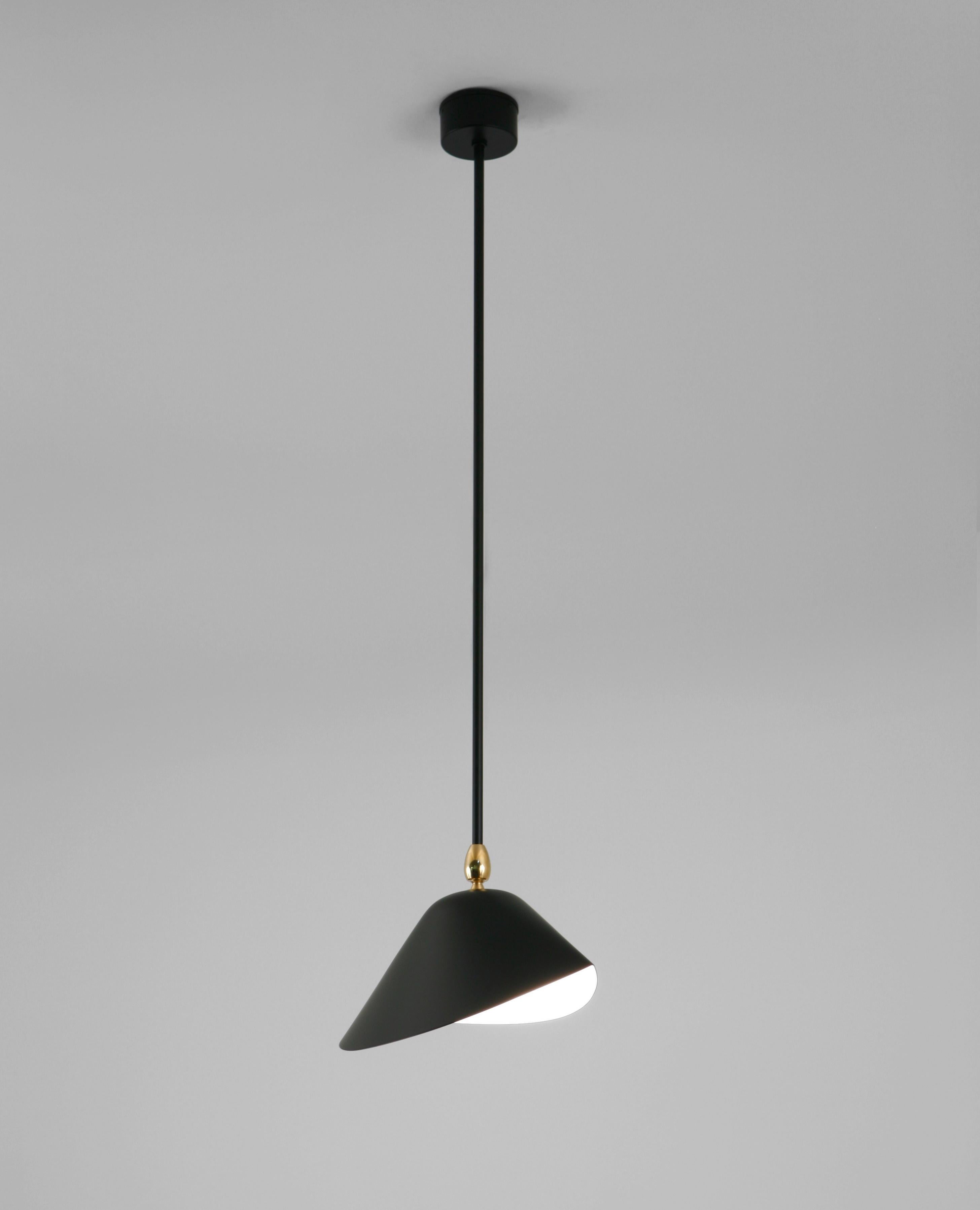 Originally designed to illuminate bookshelves in a library, this unique lamp may also light works of art or highlight a particular area in a room. The pivoting lamp shade works well alone or in grouped installations. Custom drop lengths upon