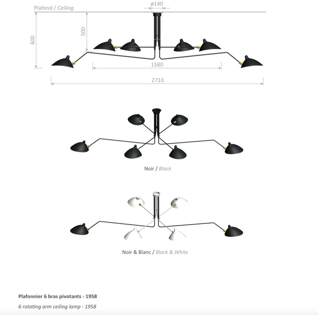 Serge Mouille Black and White Six Rotating Arms Ceiling Lamp, Re-edition For Sale 1