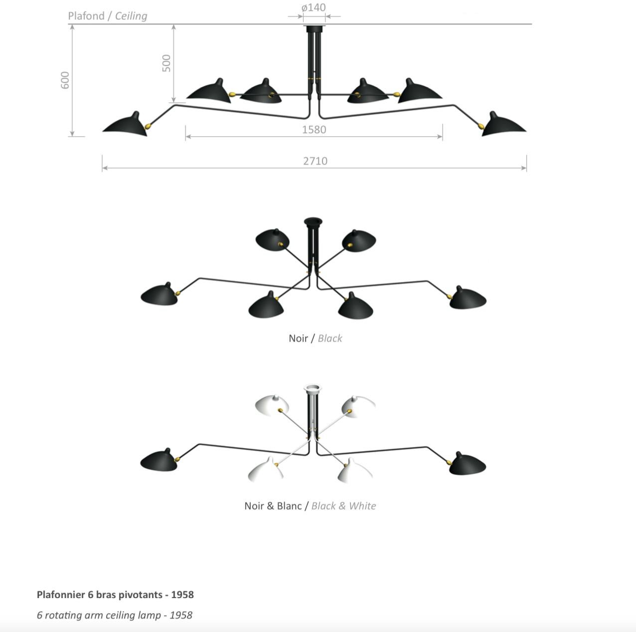 Serge Mouille Mid-Century Modern Schwarz und Weiß Sechs Rotaiting Arms Deckenleuchte im Angebot 1