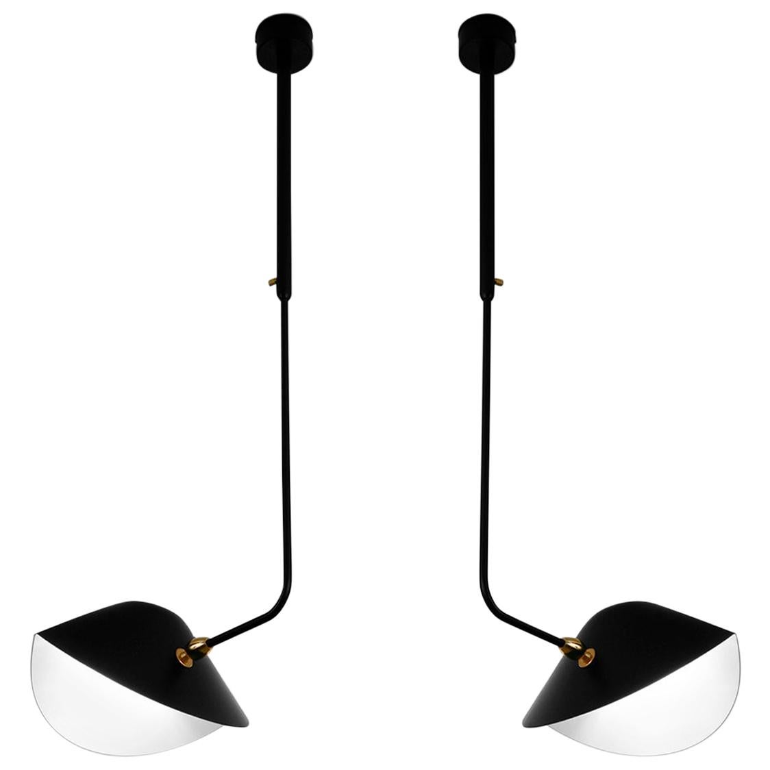 Serge Mouille Mid-Century Modern Black Curved Bibliothèque Ceiling Lamp Set