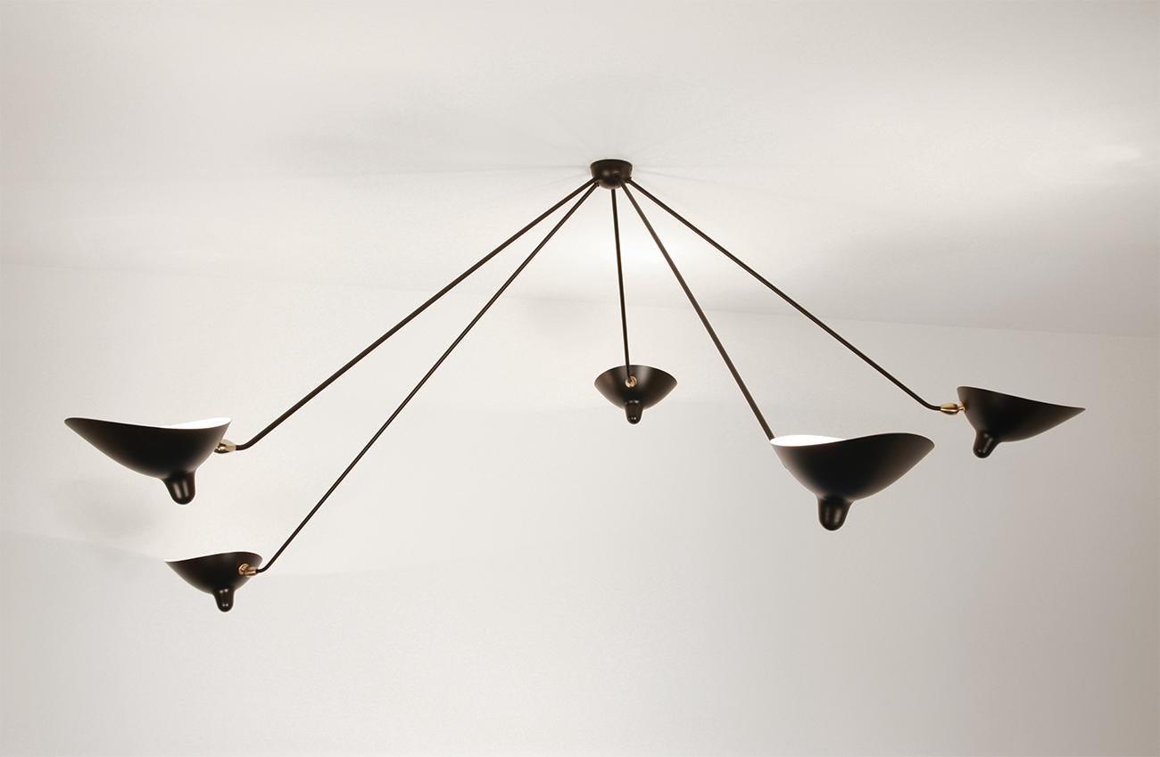 French Serge Mouille Mid-Century Modern Black Five Fixed Arms Spider Ceiling Lamp