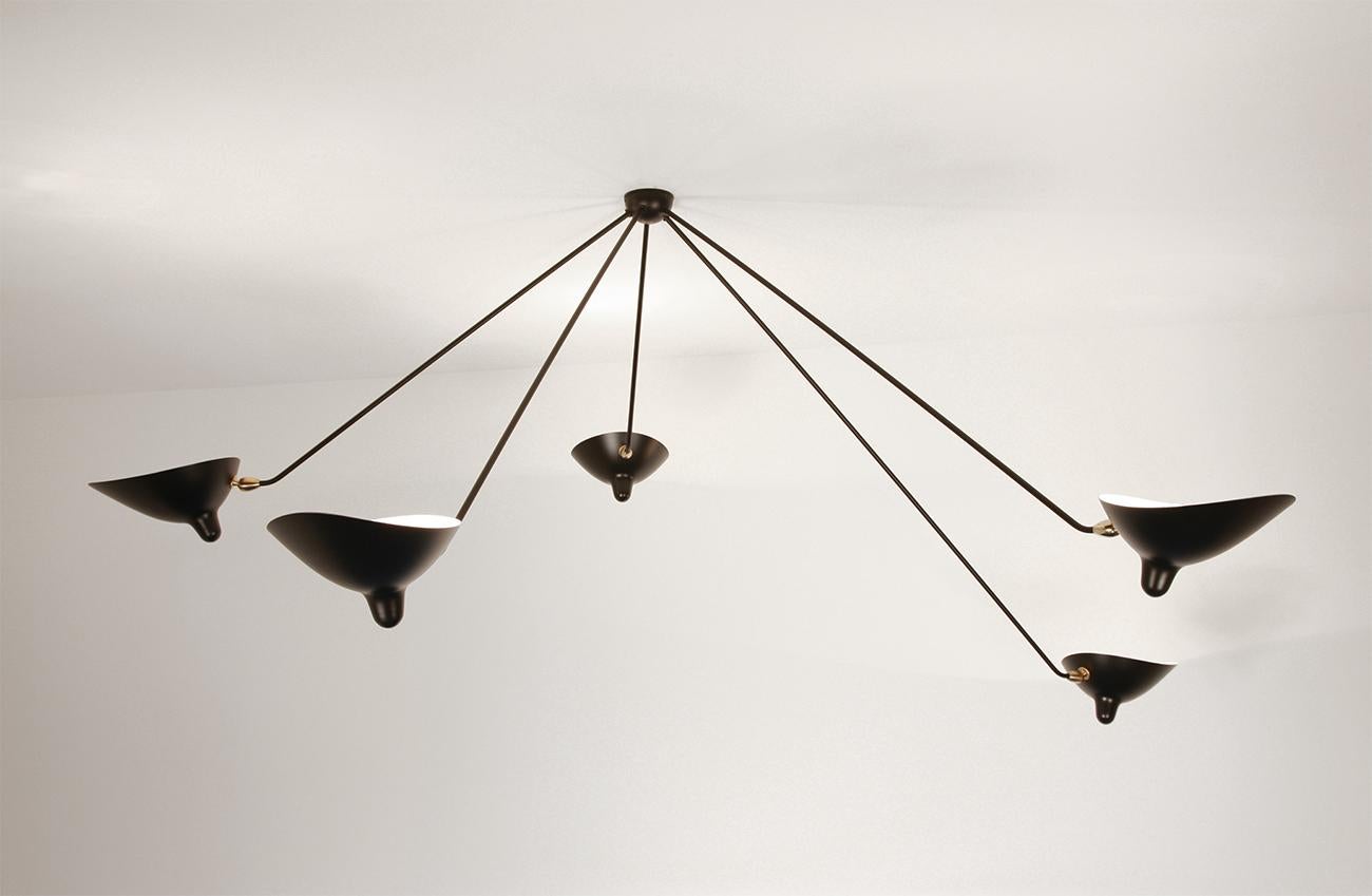 French Serge Mouille Mid-Century Modern Black Five Fixed Arms Spider Ceiling Lamp For Sale