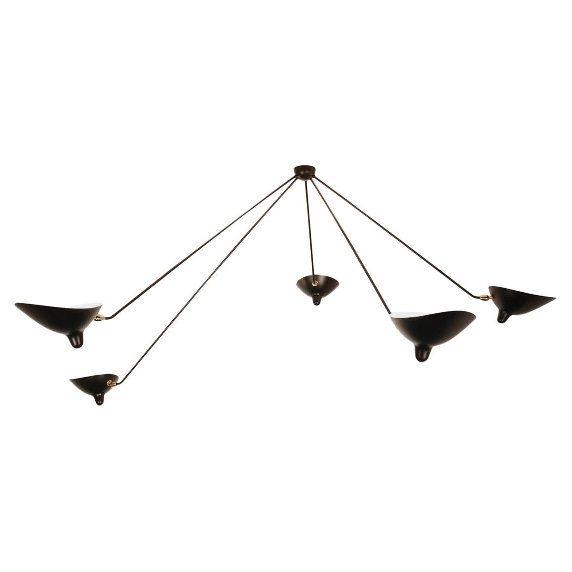 Serge Mouille Mid-Century Modern Black Five Fixed Arms Spider Ceiling Lamp