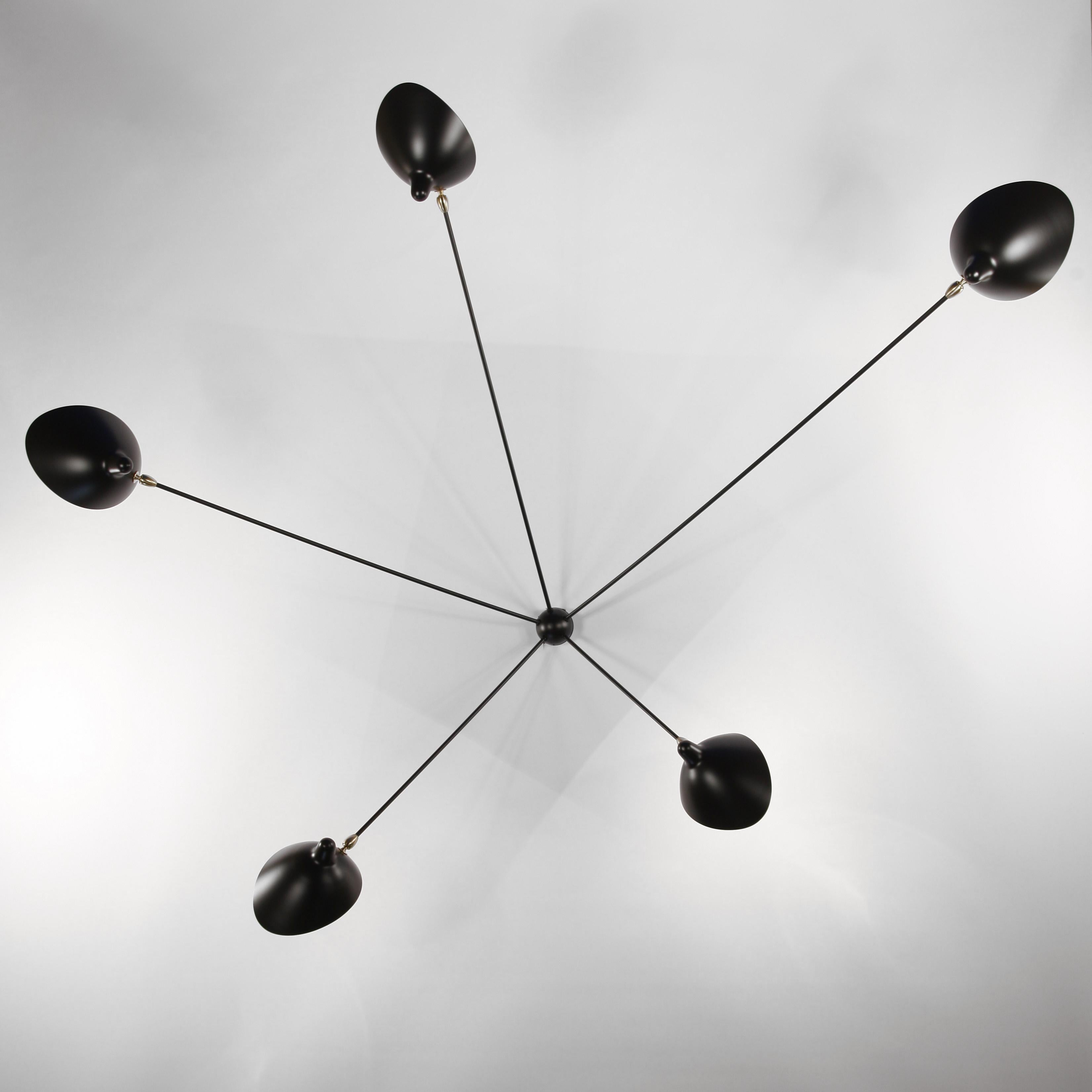 French Serge Mouille Mid-Century Modern Black Five Fixed Arms Spider Ceiling Wall Lamp