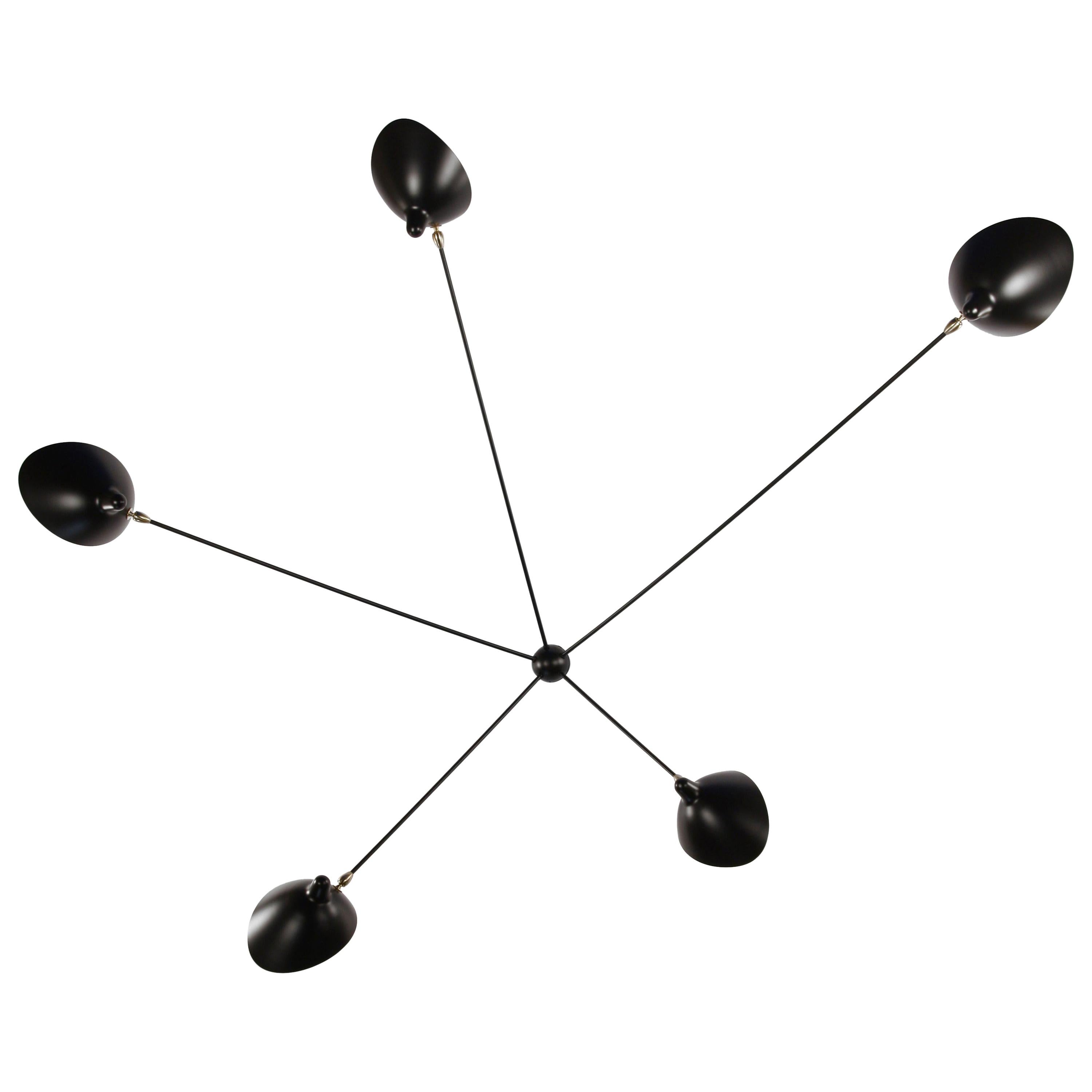Serge Mouille Mid-Century Modern Black Five Fixed Arms Spider Ceiling Wall Lamp For Sale