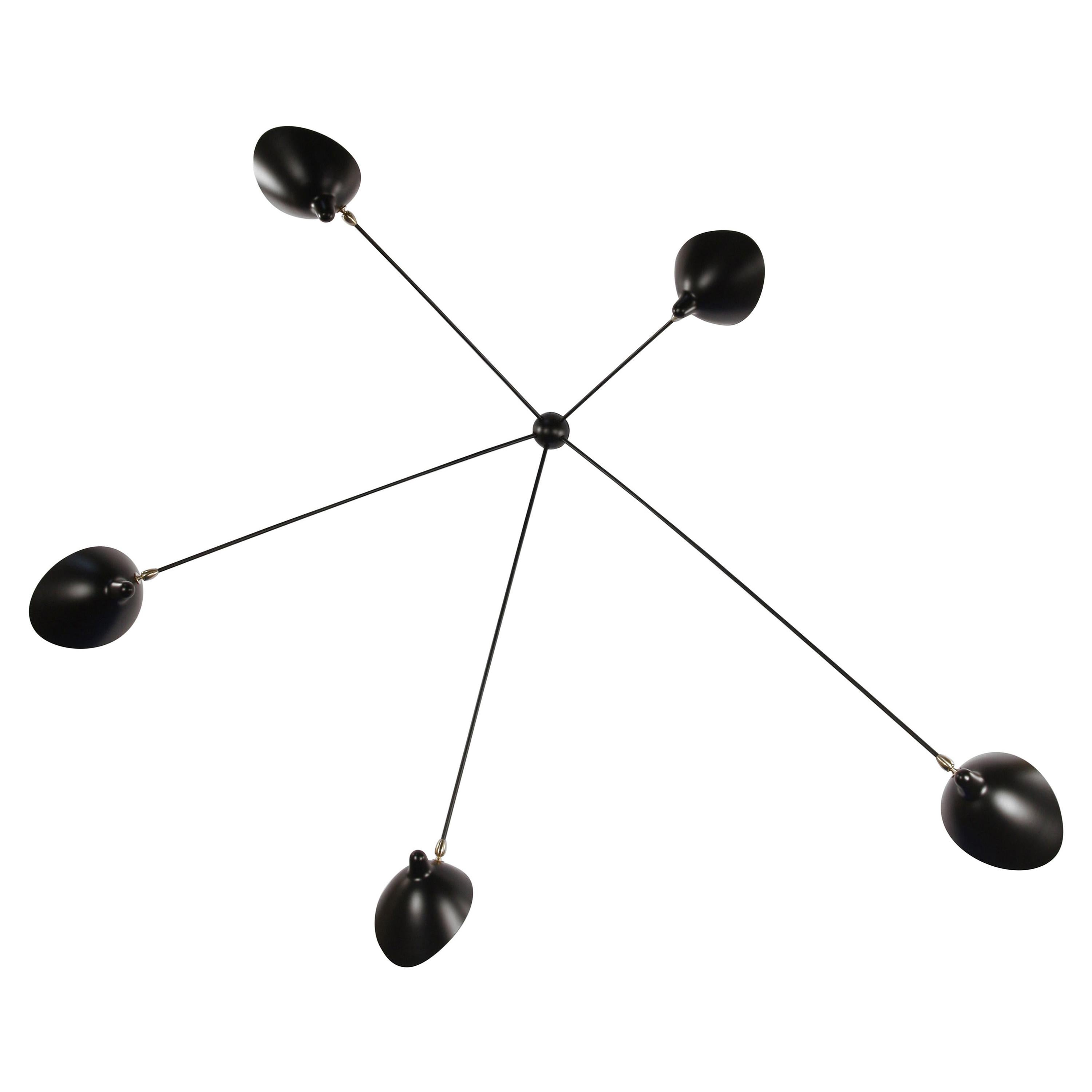 Serge Mouille Mid-Century Modern Black Five Fixed Arms Spider Ceiling Wall Lamp For Sale