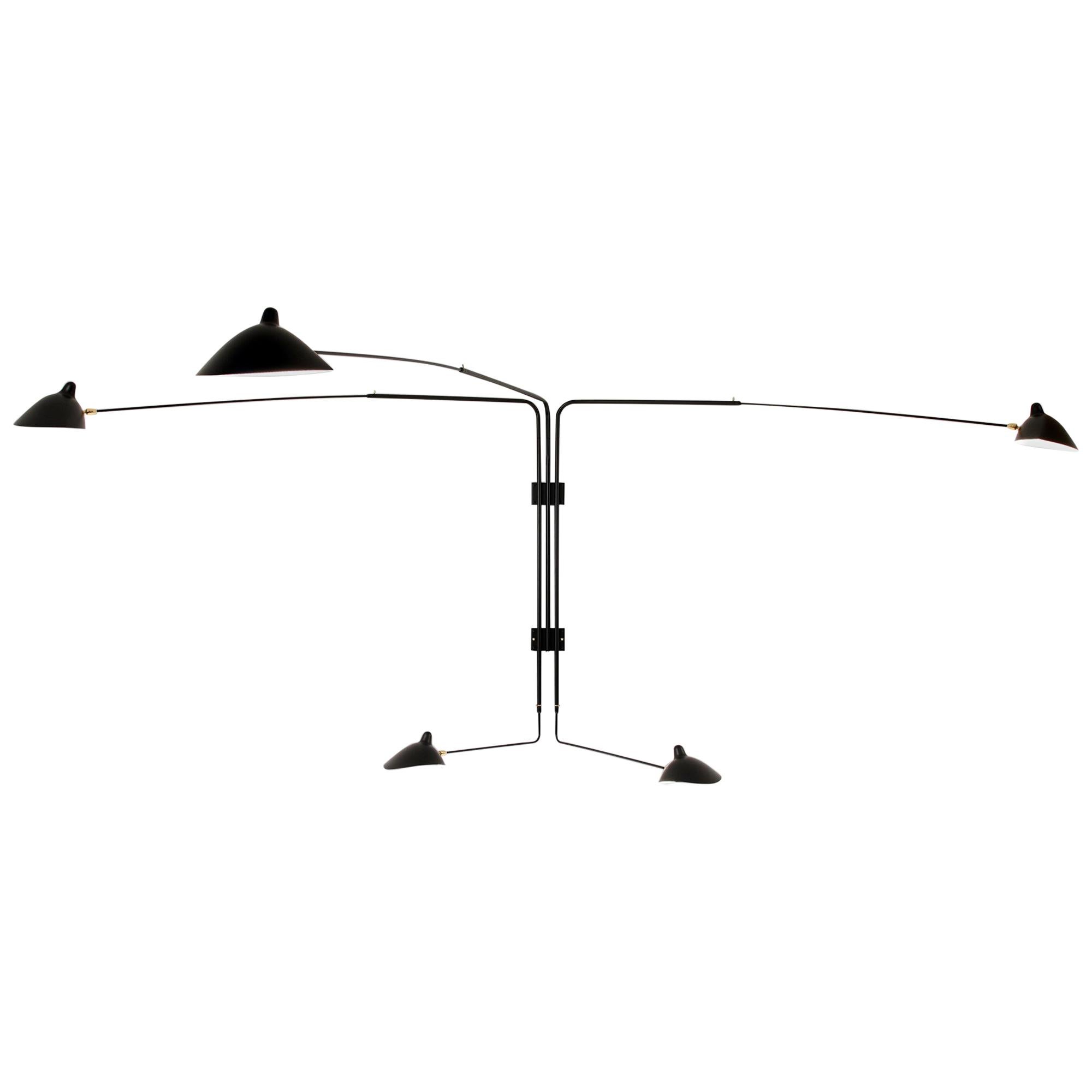 Serge Mouille Mid-Century Modern Black Five Rotating Straight Arms Wall Lamp For Sale