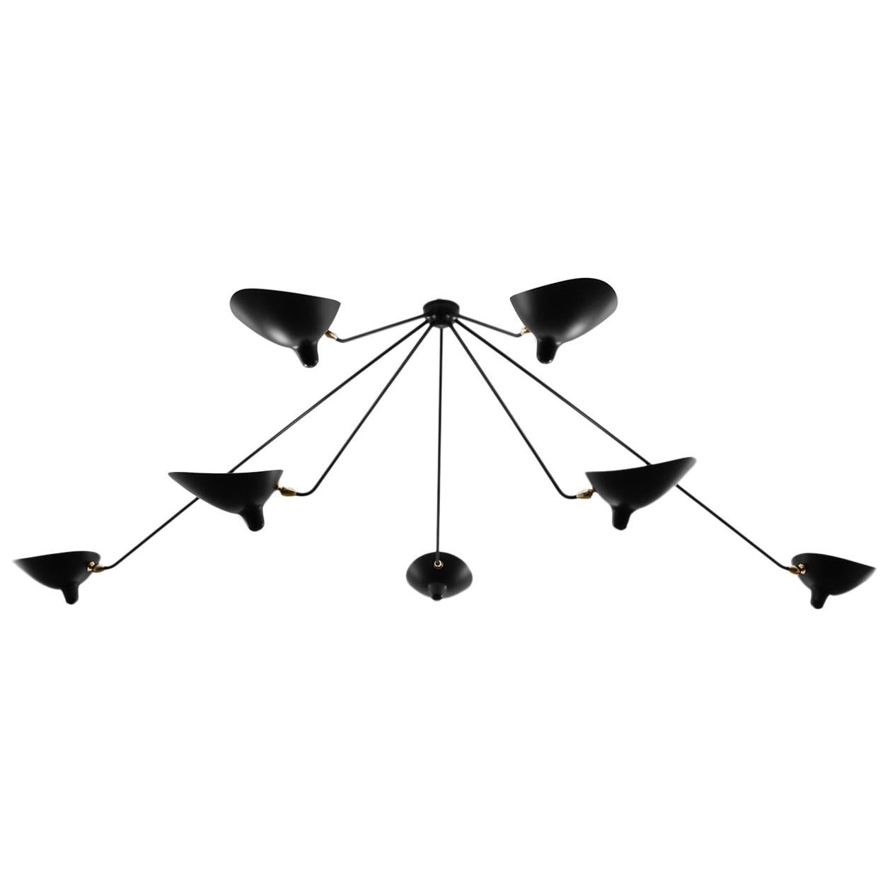 Serge Mouille Mid-Century Modern Black Seven Fixed Arms Spider Ceiling Lamp For Sale