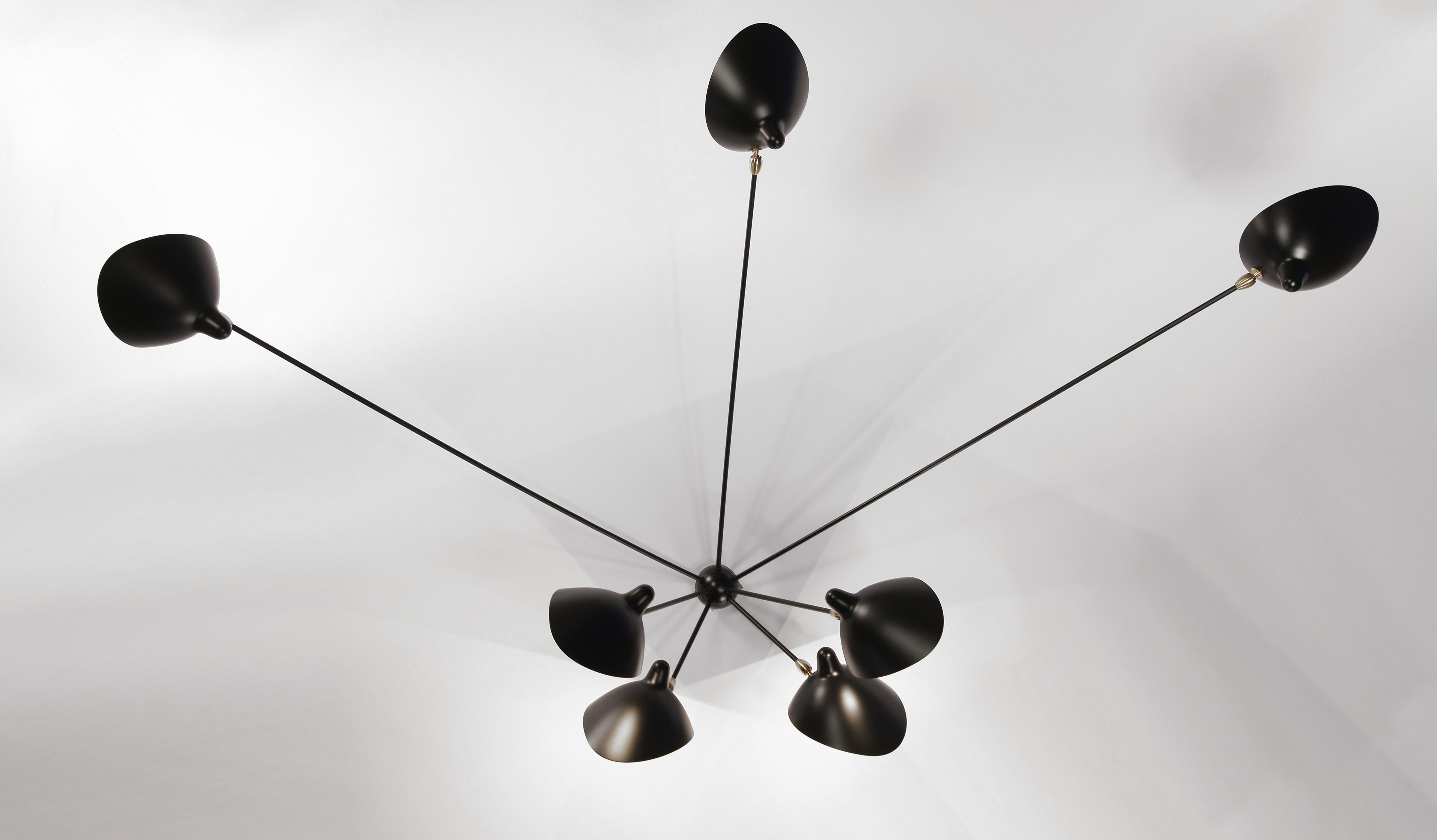 French Serge Mouille Mid-Century Modern Black Seven Fixed Arms Spider Wall Ceiling Lamp For Sale