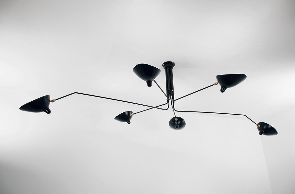 French Serge Mouille Mid-Century Modern Black Six Rotating Arms Ceiling Lamp