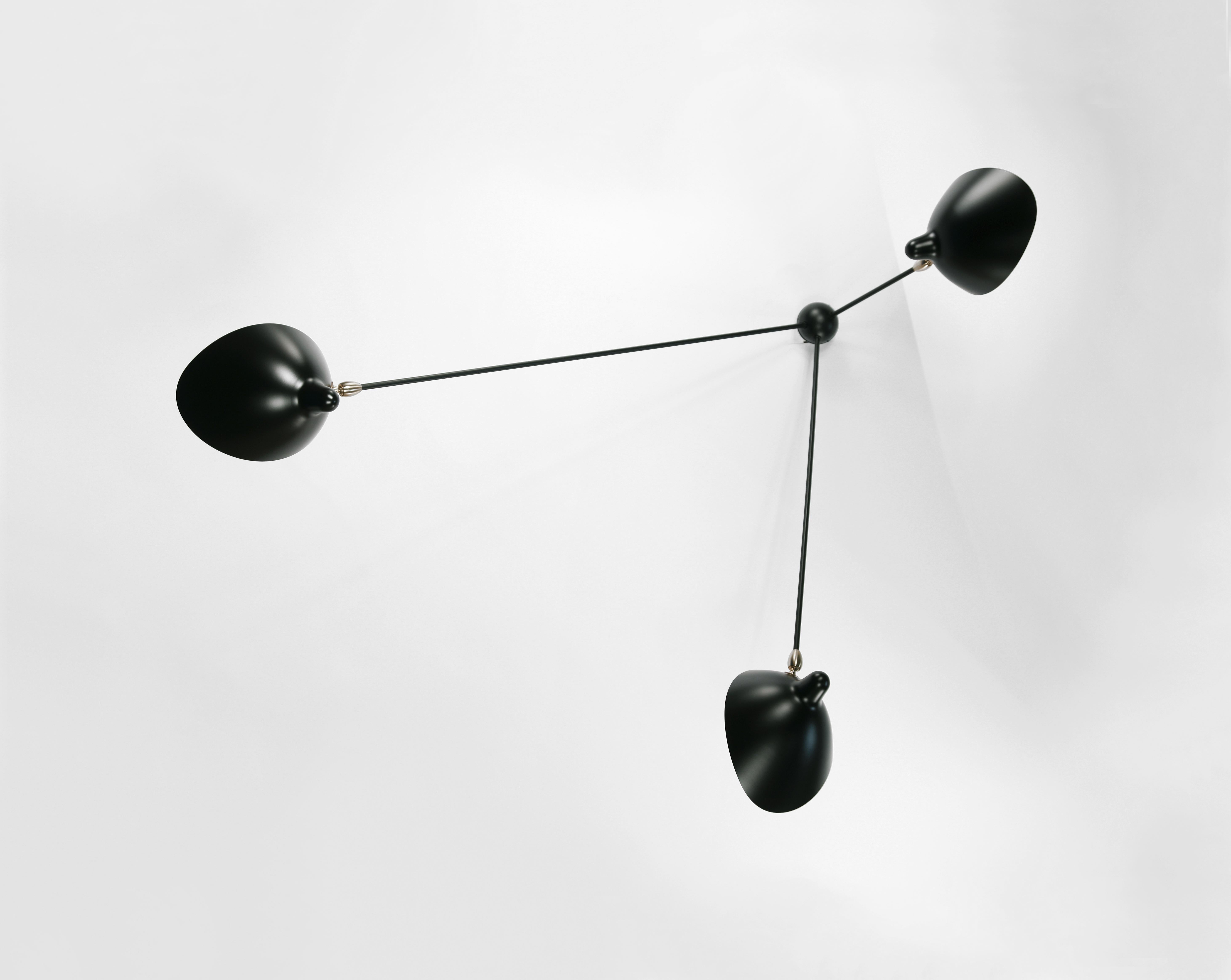 French Serge Mouille Mid-Century Modern Black Three Fixed Arms Spider Ceiling Lamp For Sale