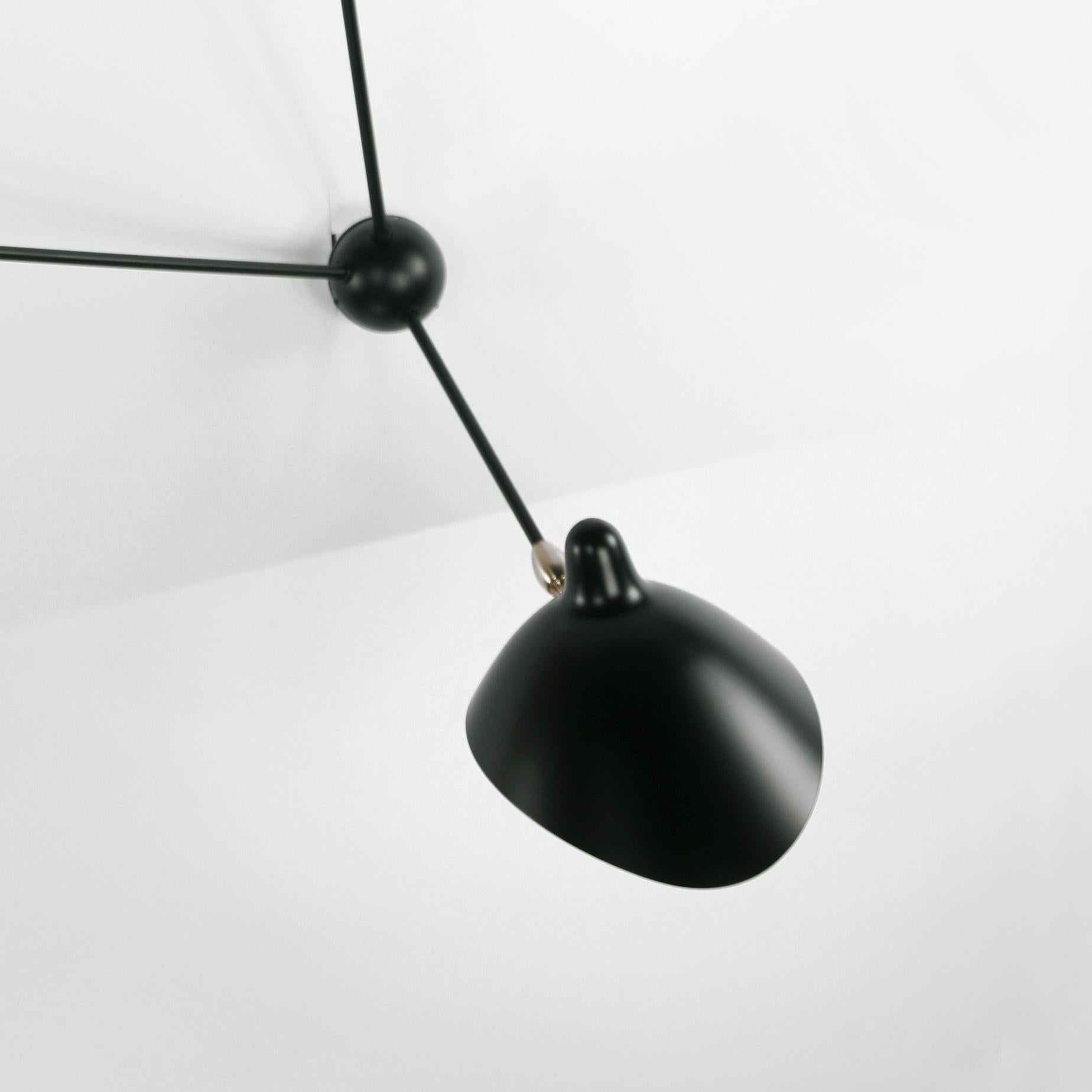 Contemporary Serge Mouille Mid-Century Modern Black Three Fixed Arms Spider Ceiling Lamp For Sale