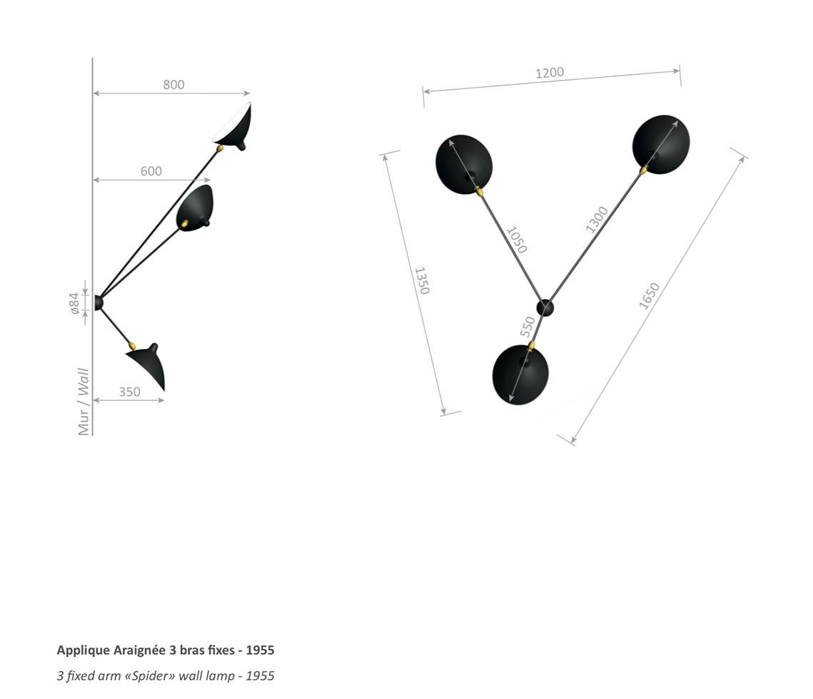 Serge Mouille Mid-Century Modern Black Three Fixed Arms Spider Ceiling Lamp For Sale 1