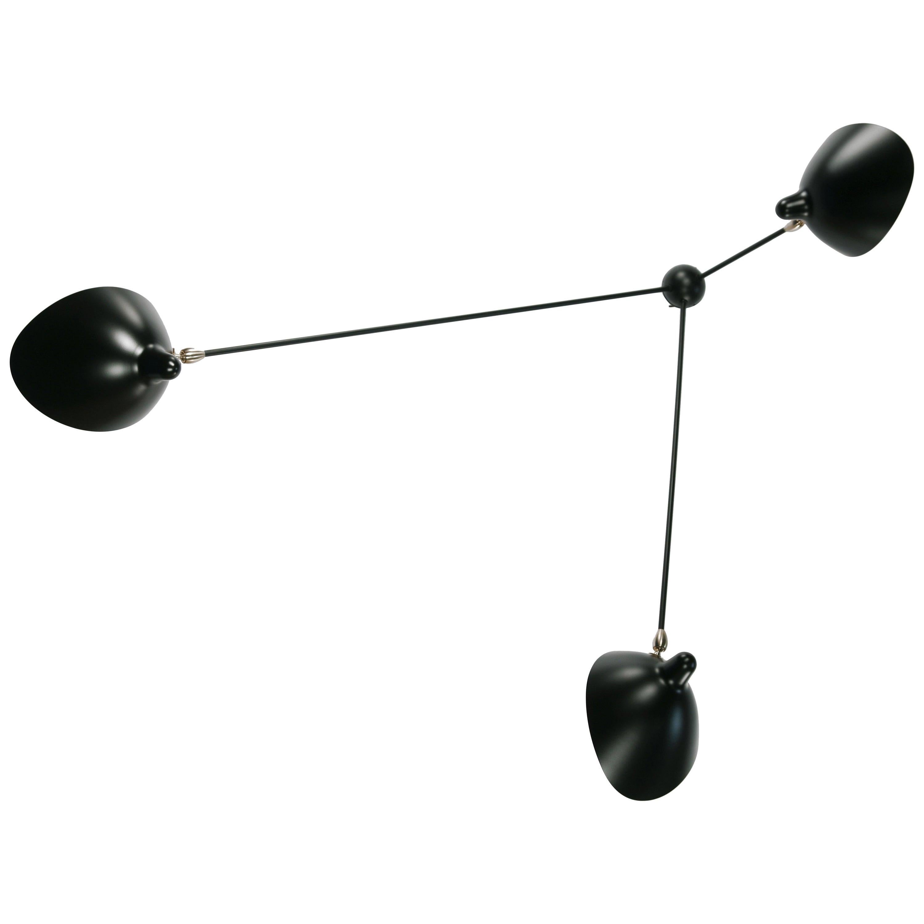Serge Mouille Mid-Century Modern Black Three Fixed Arms Spider Ceiling Lamp