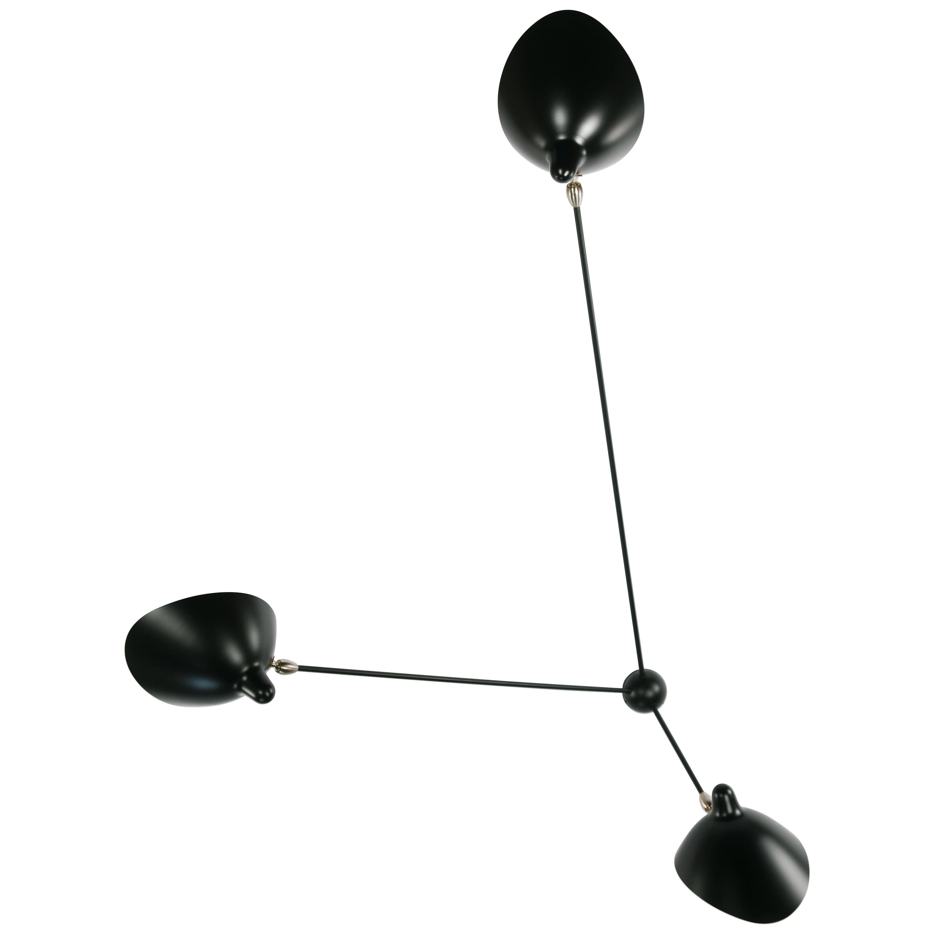 Serge Mouille Mid-Century Modern Black Three Fixed Arms Spider Ceiling Lamp For Sale