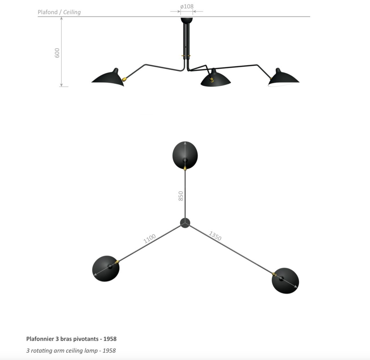 Aluminum Serge Mouille Mid-Century Modern Black Three Rotating Arms Ceiling Lamp For Sale