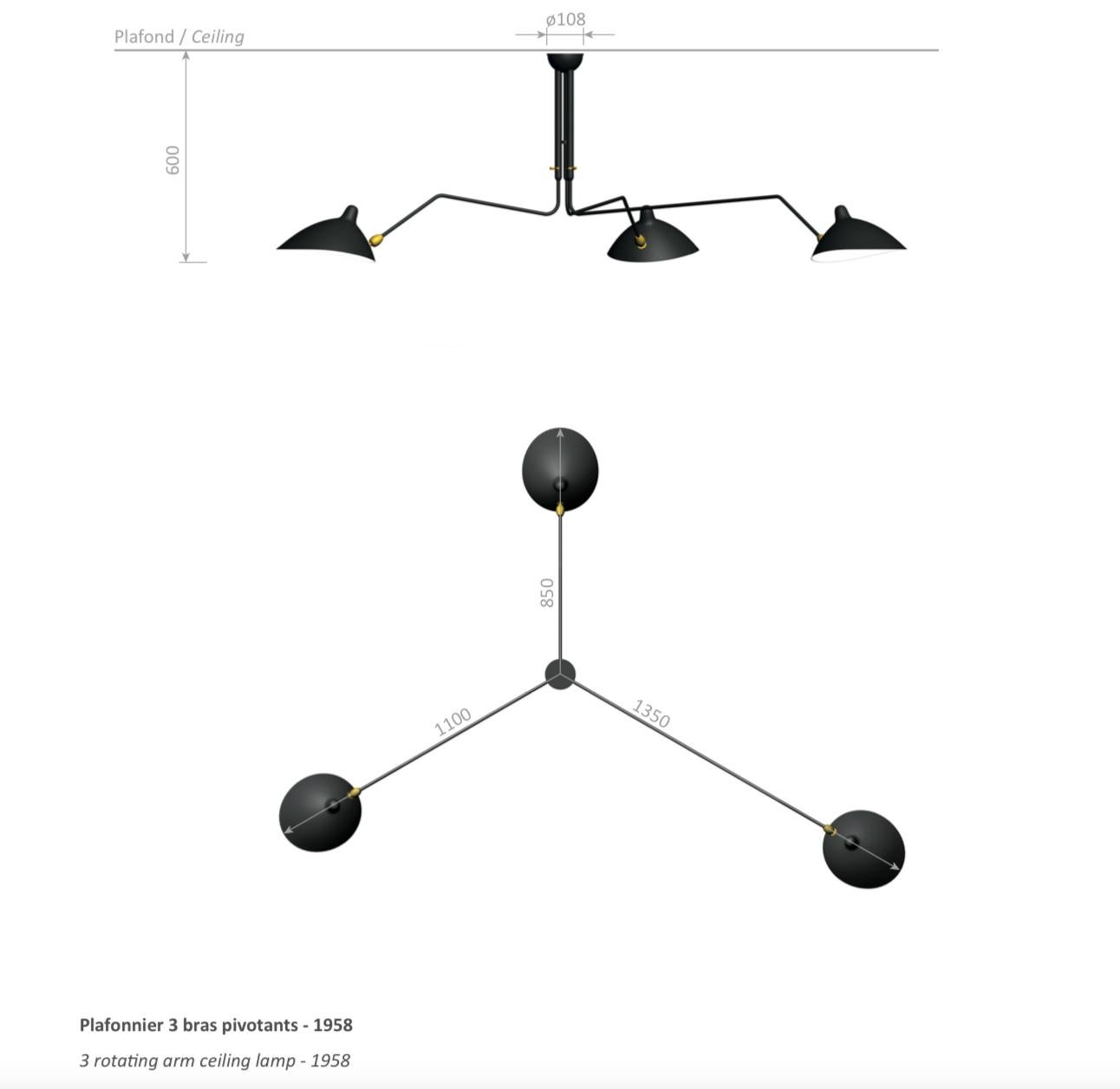 Serge Mouille Mid-Century Modern Black Three Rotating Arms Ceiling Lamp For Sale 1