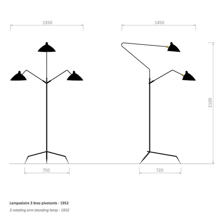 Serge Mouille Moderne schwarze Stehlampe mit drei drehbaren Armen, Mid-Century Modern im Angebot 6