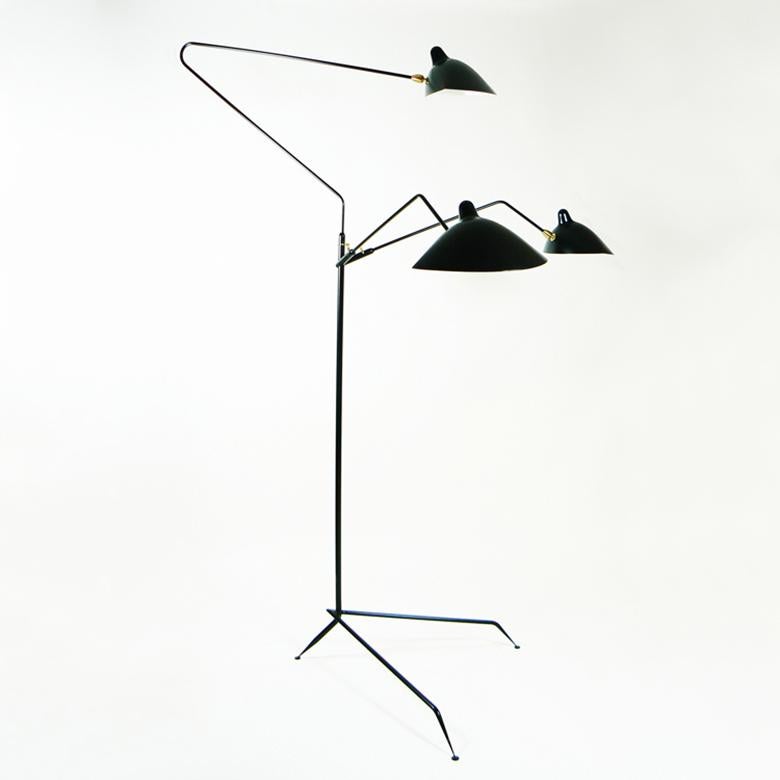 French Serge Mouille Mid-Century Modern Black Three Rotating Arms Floor Lamp