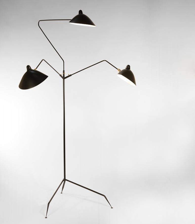 Contemporary Serge Mouille Mid-Century Modern Black Three Rotating Arms Floor Lamp