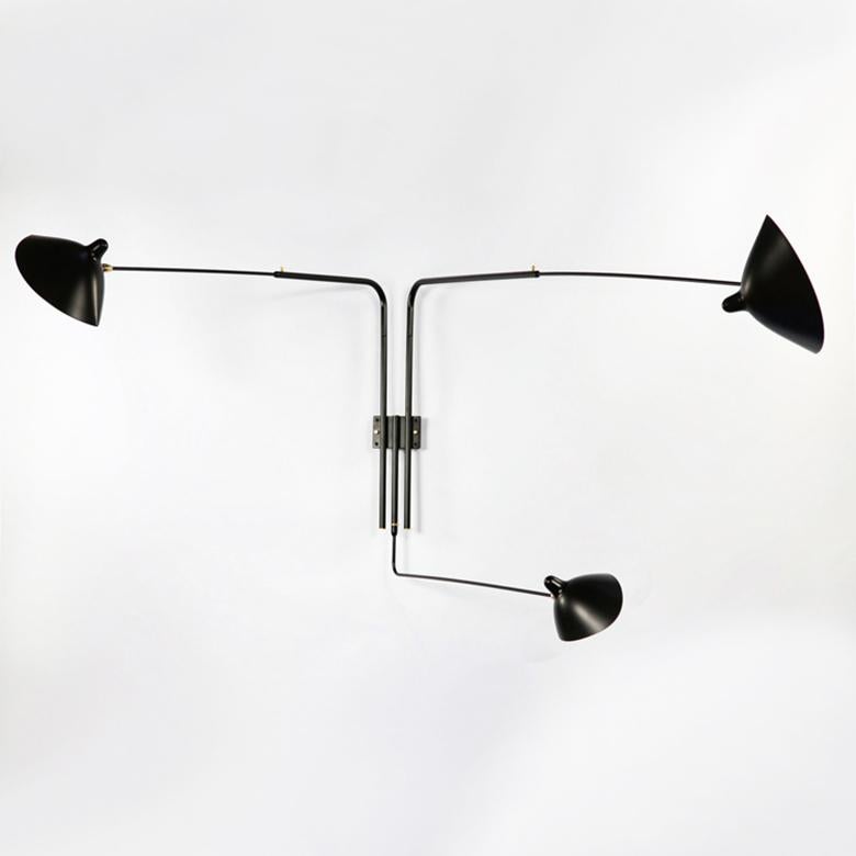 French Serge Mouille Mid-Century Modern Black Three Rotating Straight Arms Wall Lamp For Sale