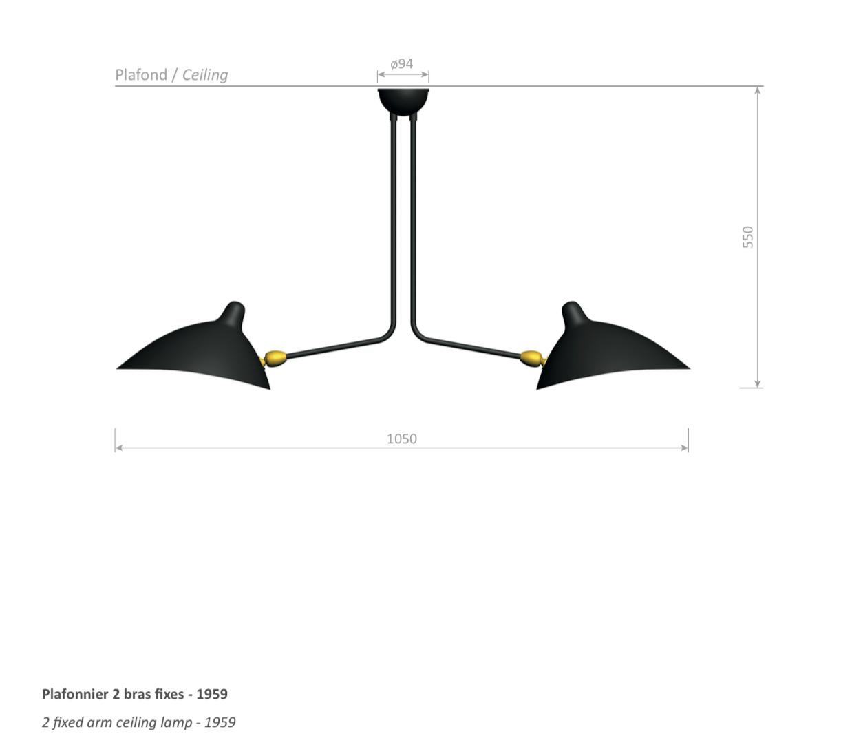 French Serge Mouille Mid-Century Modern Black Two Fixed Arms Ceiling Lamp For Sale